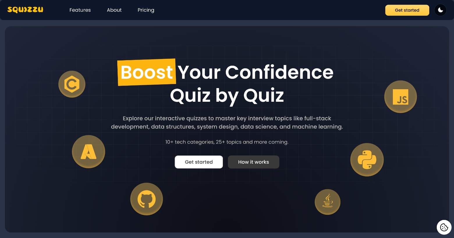 The squizzu.com homepage in a browser window: the headline Boost Your Confidence Quiz by Quiz, the Get started and How it works buttons below it, and technology category icons on a dark background.
