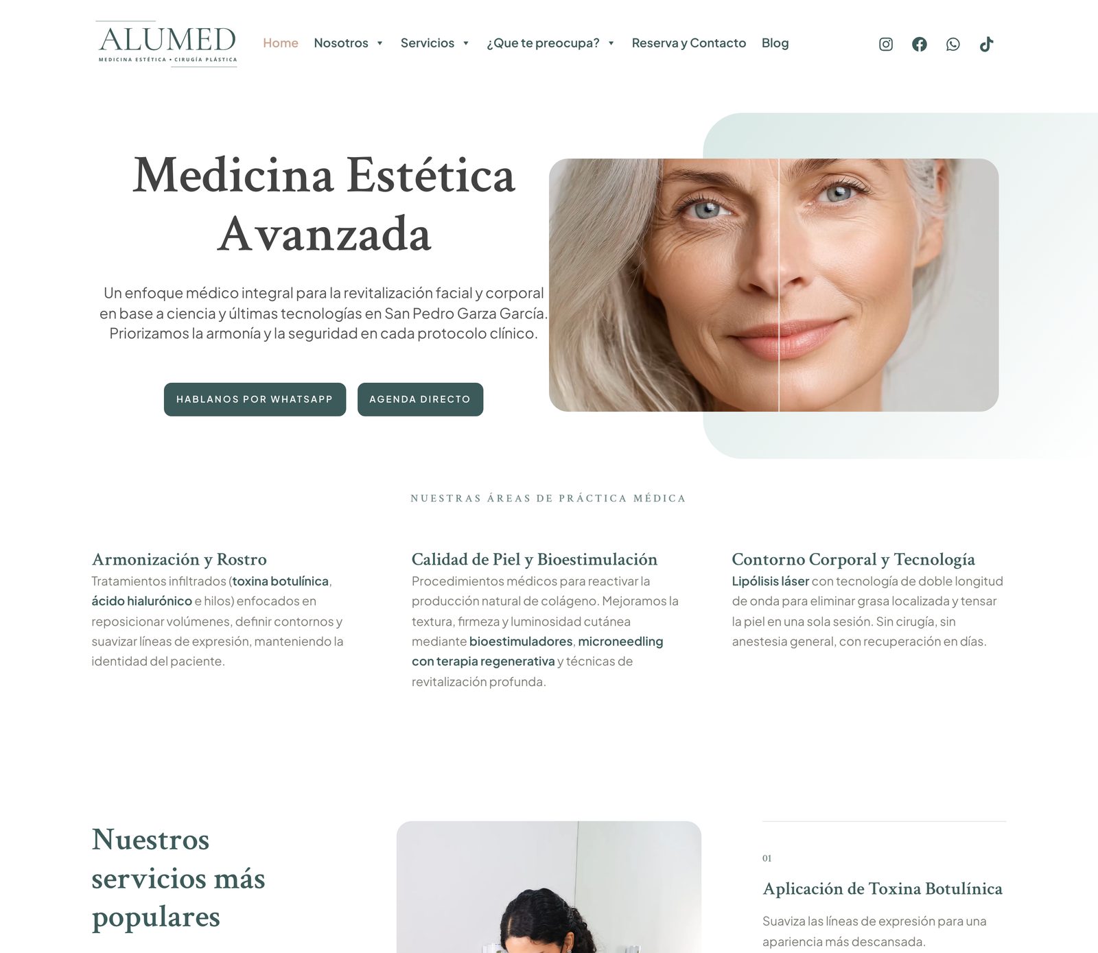 The top of alumed.mx live: the serif Medicina Estética Avanzada headline, WhatsApp and booking buttons, and the three areas of medical practice.