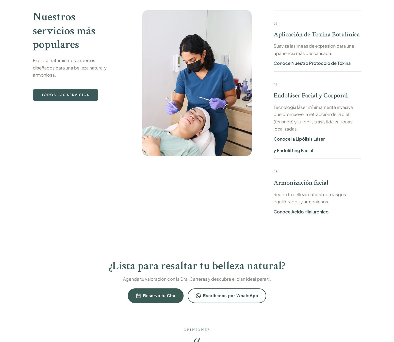The alumed.mx services section: a numbered list of the most popular treatments beside a clinic photo, and the booking call to action.