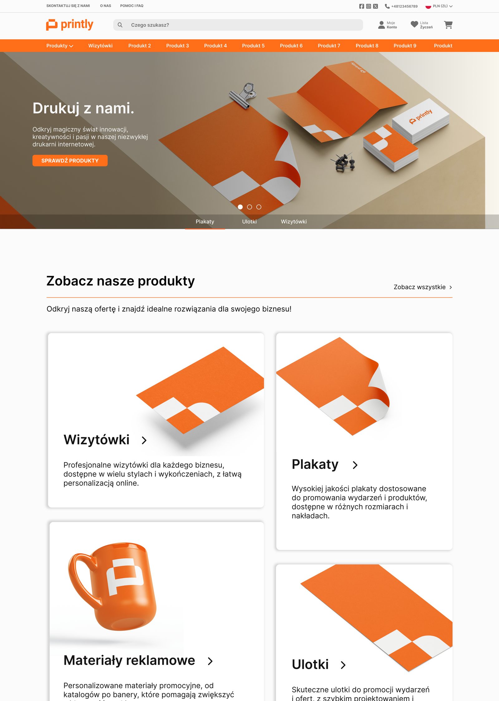 The Printly homepage mockup, first direction: a hero with the tagline Drukuj z nami, the orange product navigation and a category grid with business-card, poster and flyer mockups.
