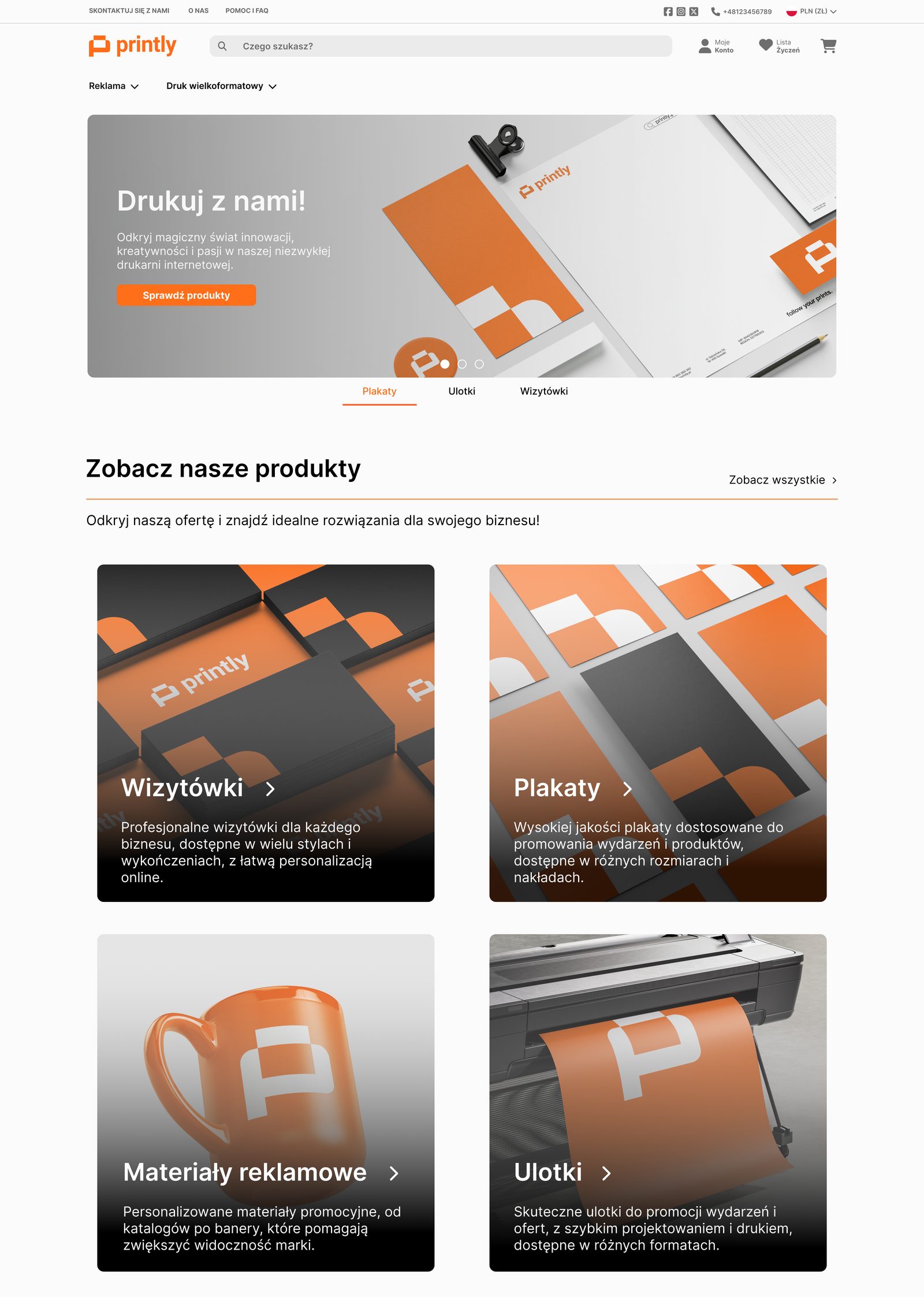 The Printly homepage mockup, second direction: the same brief with a different opening and a different arrangement of the product sections.