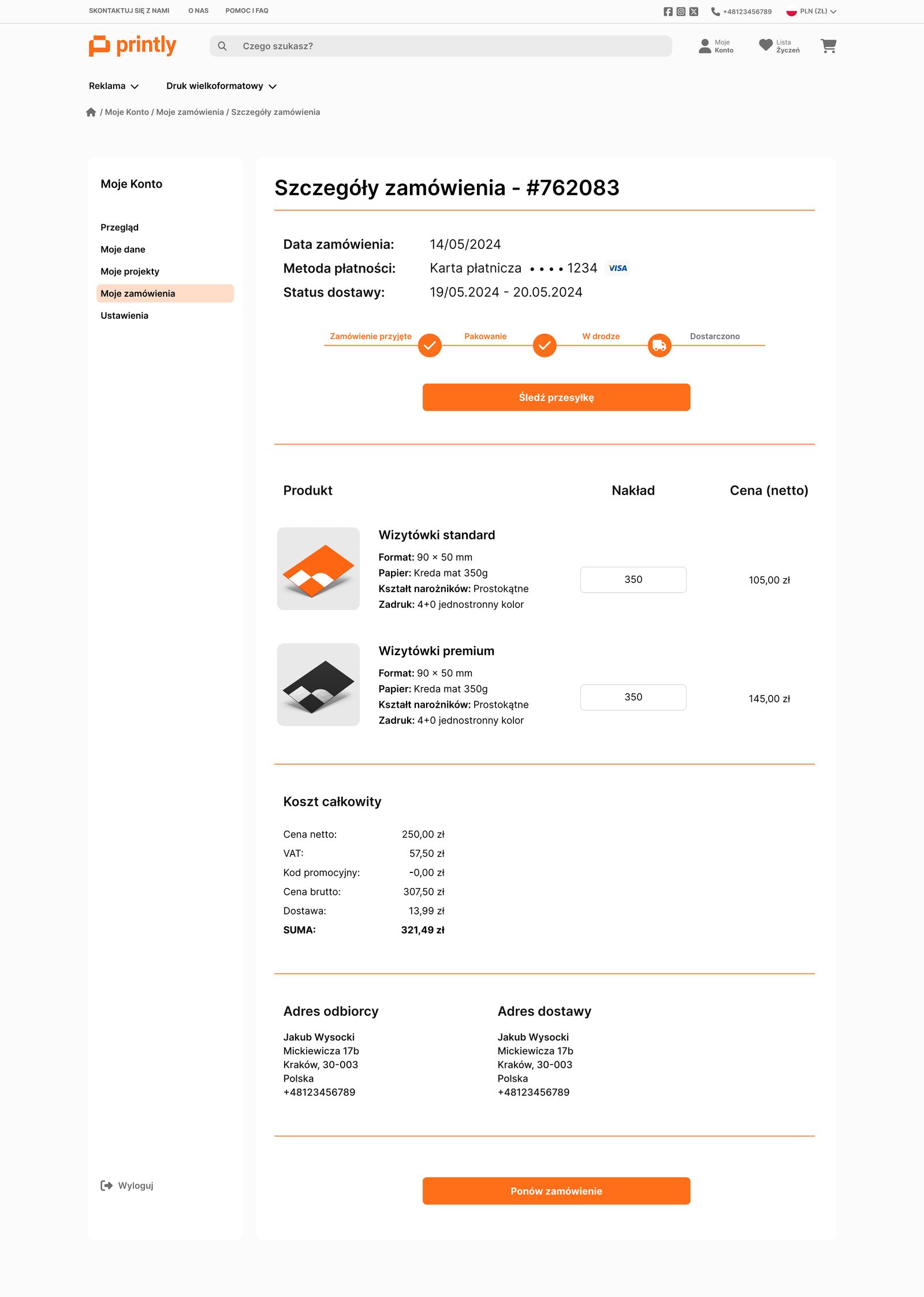 Order details in the account area: a delivery status stepper from accepted to delivered, line items with their print parameters, and a cost summary.