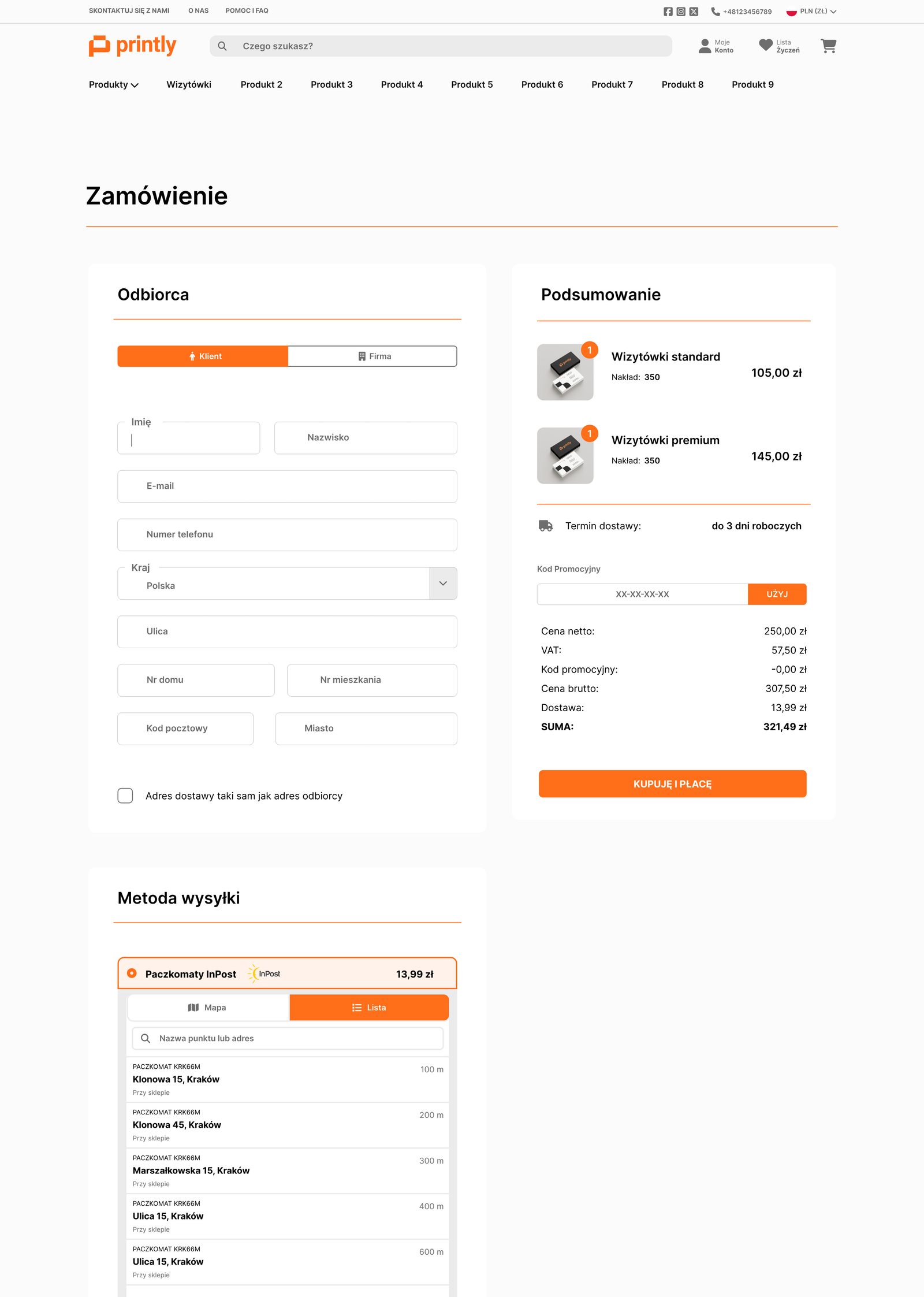 The order screen: recipient details with a client/company toggle, an order summary with the delivery estimate and promo code, and a parcel-locker picker with a list of points.