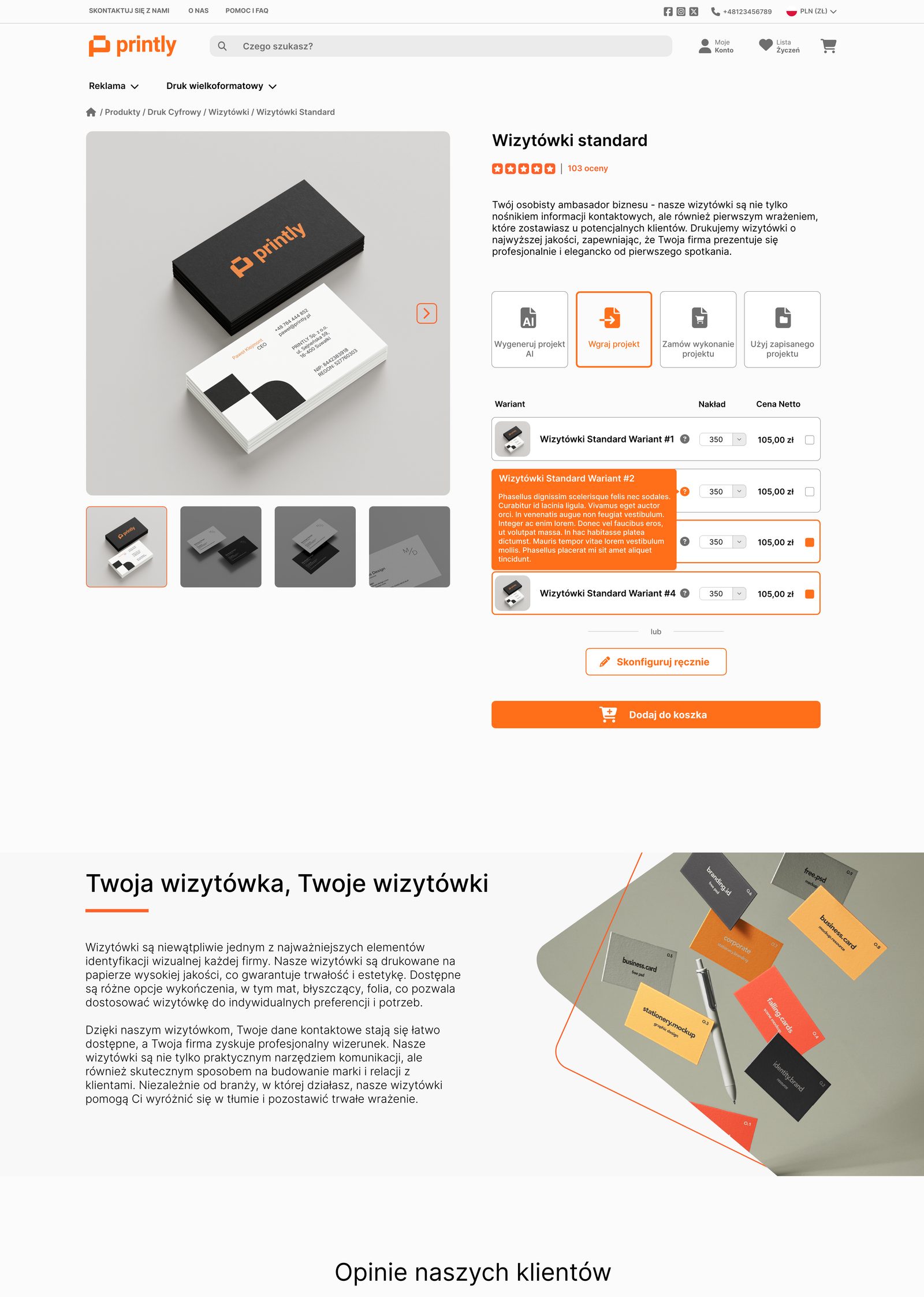 The standard business cards product page: a mockup gallery, four starting paths (generate with AI, upload a design, order design work, use a saved design), a variant table with volume and price, and a manual configuration button.