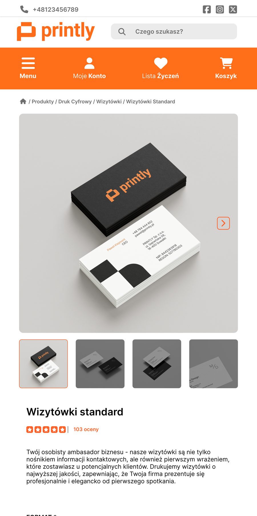 The mobile version of the business cards product page: the same content and ordering paths arranged in a single phone column.