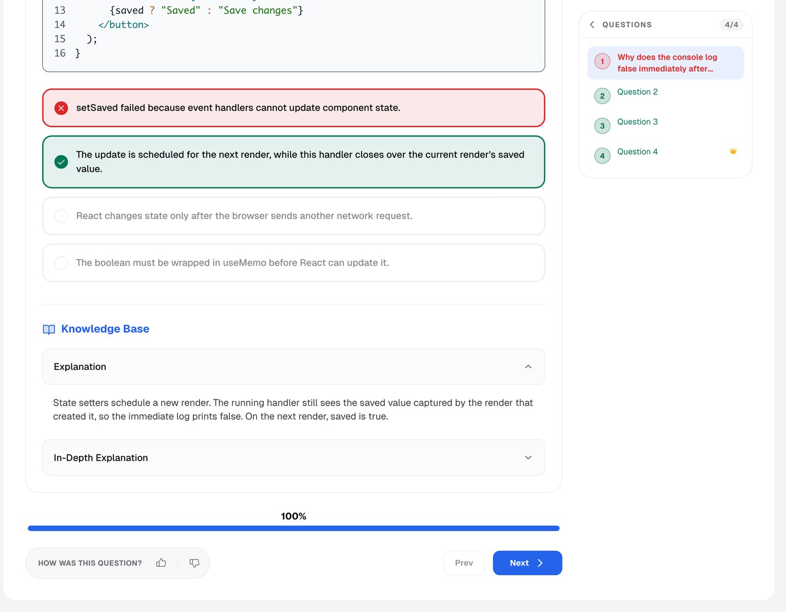 The same screen scrolled on: the Knowledge Base section with the explanation, the collapsible in-depth breakdown, a 100% progress bar and thumbs-up/down question feedback.