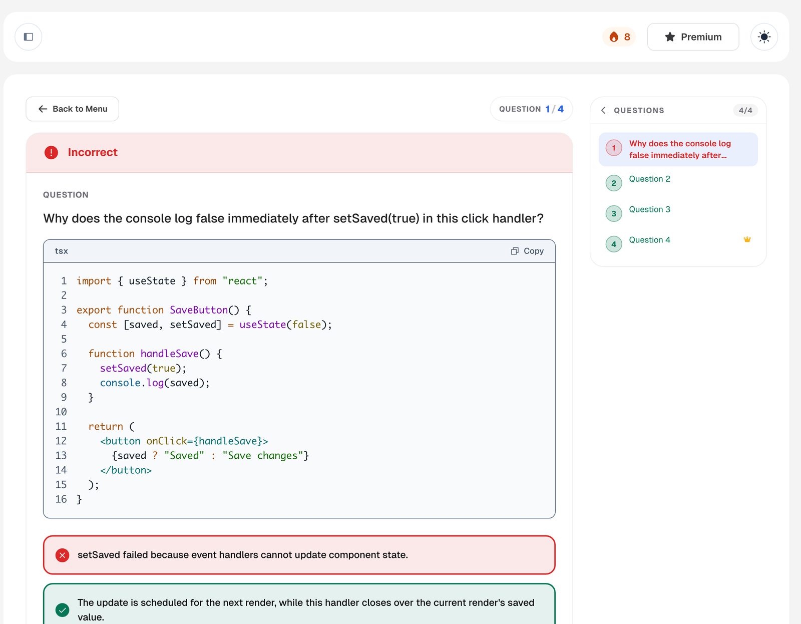 A Squizzu question screen with an Incorrect banner: the question about console.log after setSaved(true), a TSX code block, the wrong option flagged red and the four-question navigator on the right.