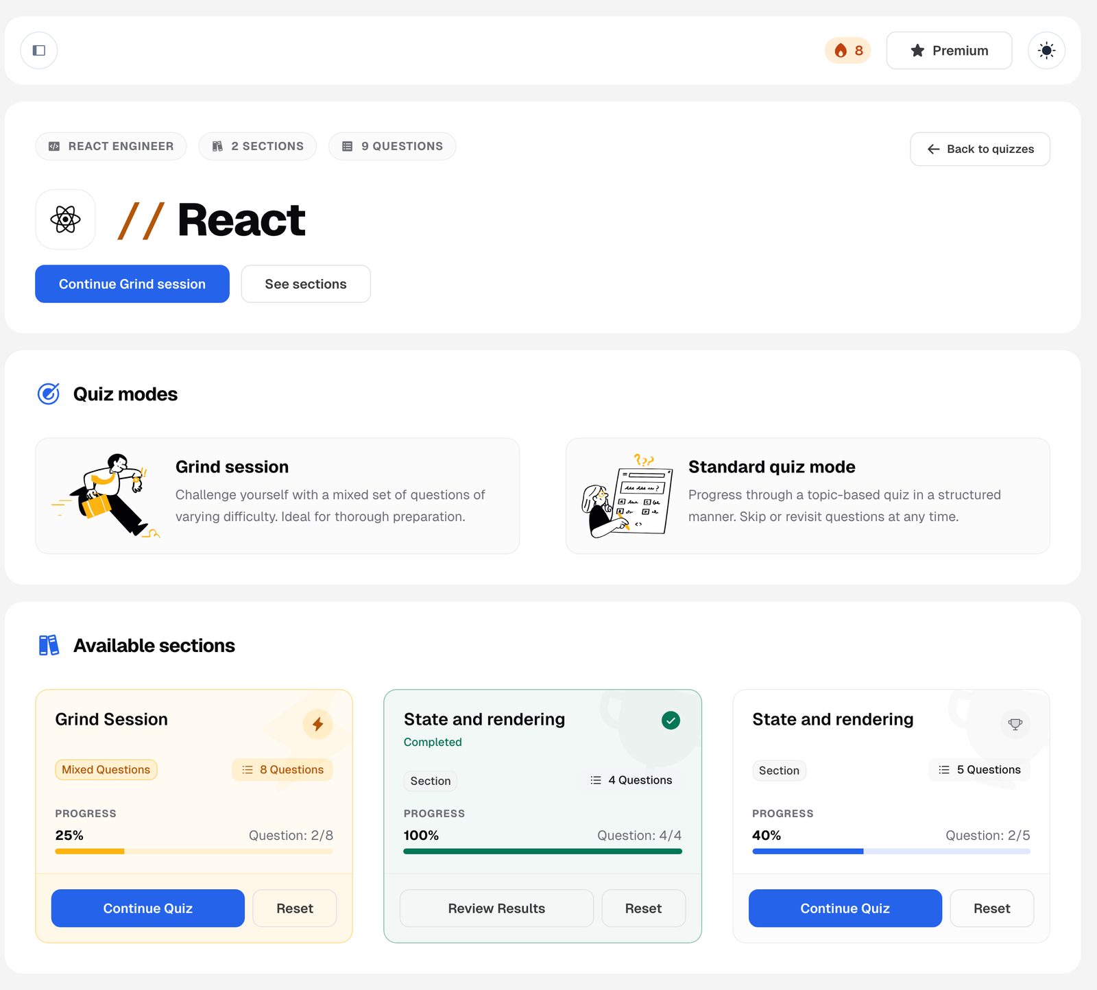 The Squizzu React quiz board: “Continue Grind session” and “See sections” actions, Grind-session and Standard-quiz mode cards, and sections with 25%, 100% and 40% progress bars.