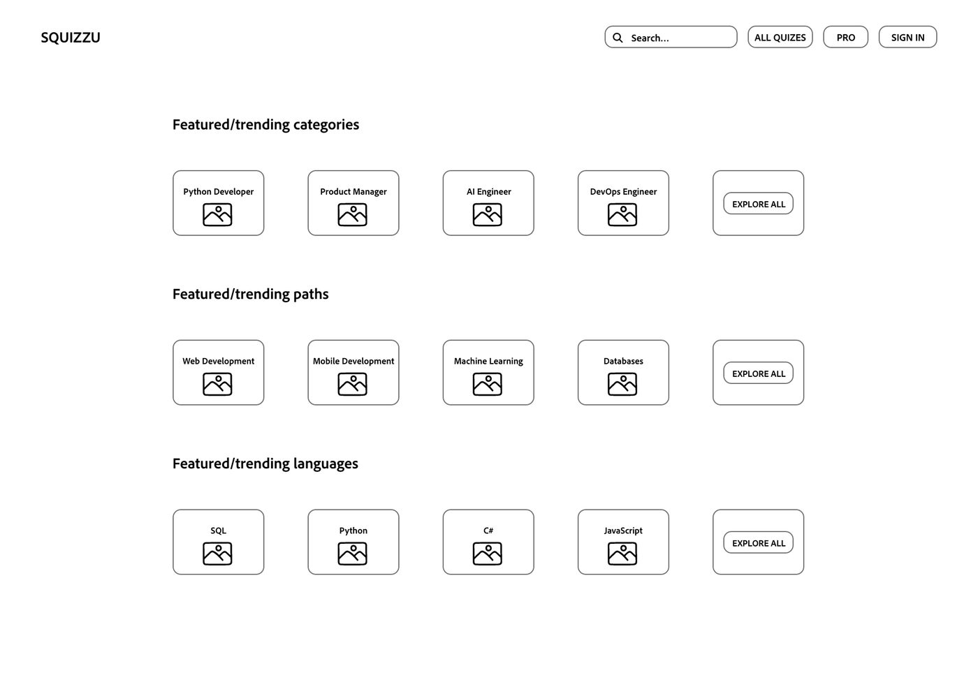 A low-fidelity black-and-white wireframe with a top search bar and three labelled rows of plain placeholder cards.