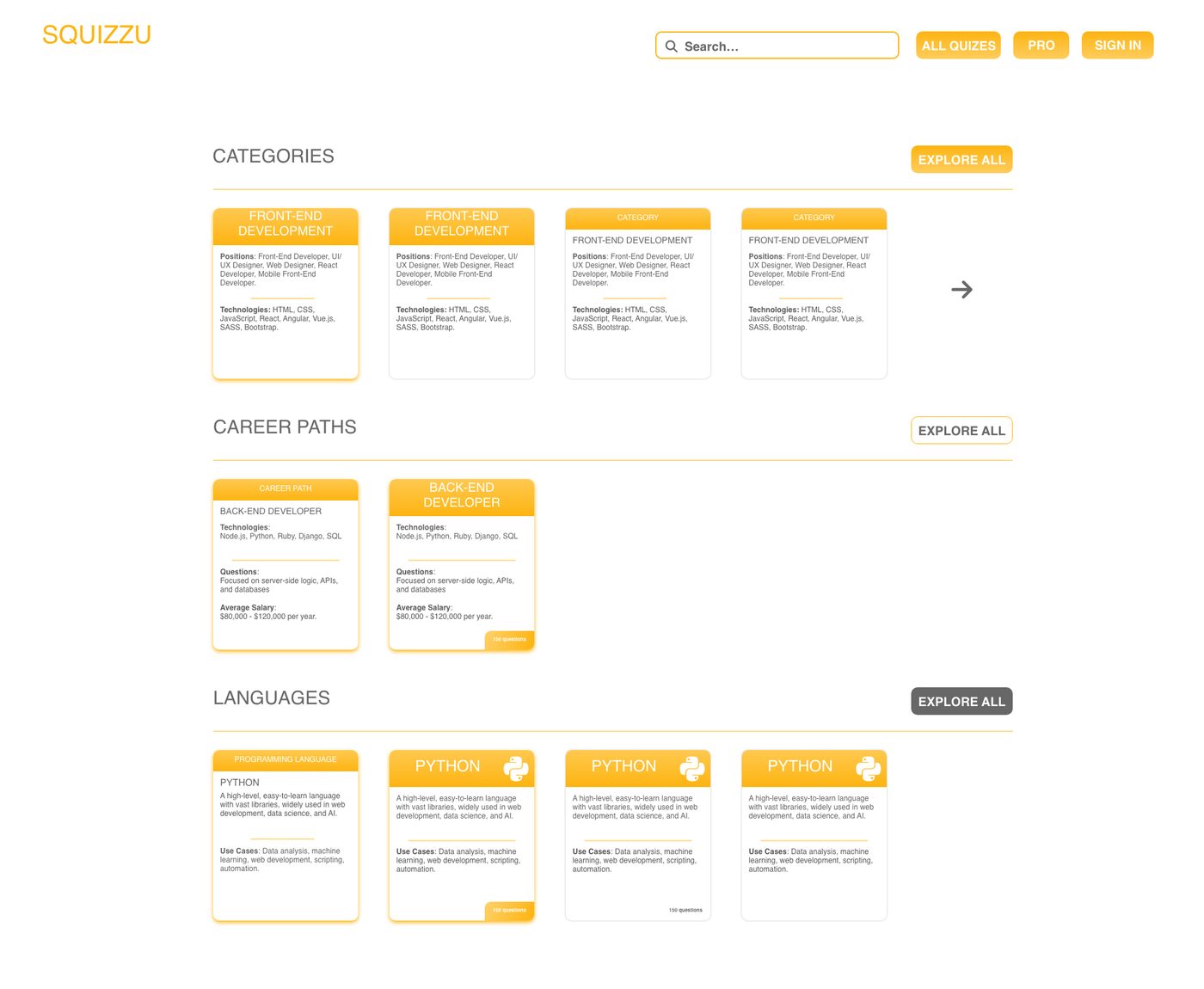 A colour mock-up with yellow-accented Categories, Career paths and Languages rows of text-rich cards.