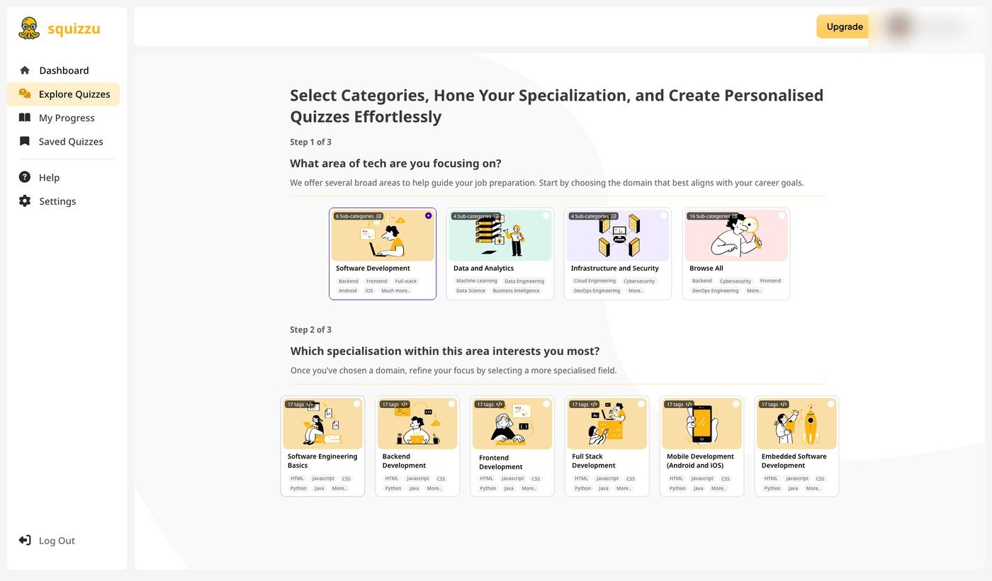 The stepped view with a labelled sidebar (Dashboard, Explore Quizzes, My Progress) and cards that each show a count badge and a row of preview sub-tags.