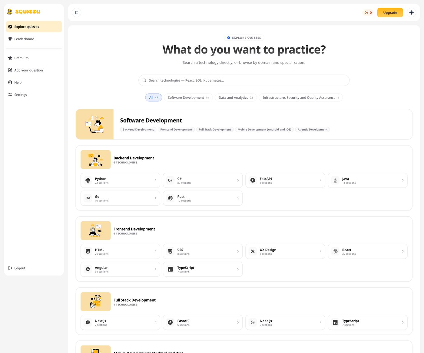 The final Explore quizzes page headed What do you want to practice?, with a search bar, domain filter tabs, and a browsable index of technologies with section counts.