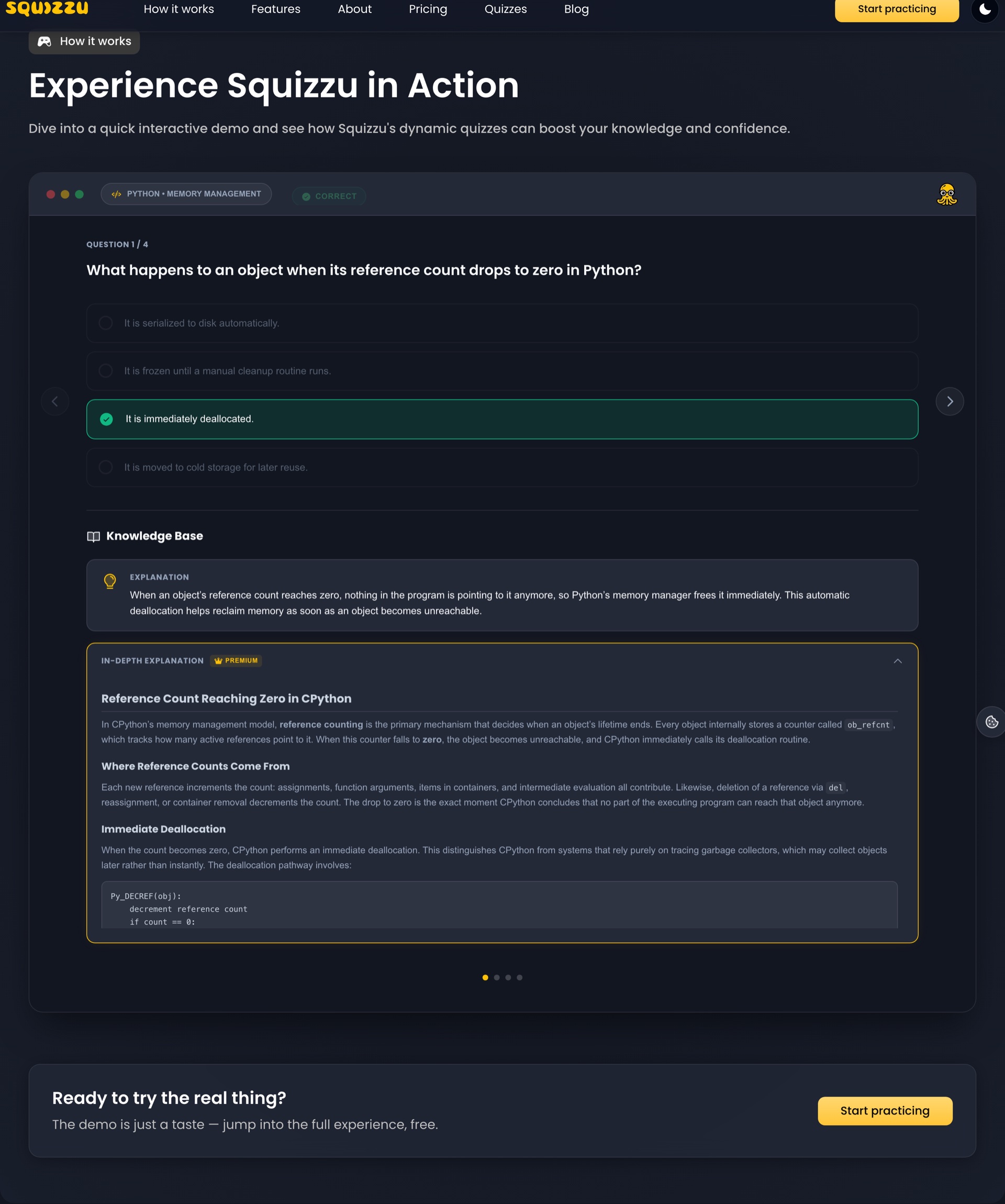 The “Experience Squizzu in Action” section on squizzu.com: an interactive demo of a Python memory-management question with the correct answer, the explanation, an in-depth breakdown with a code block and a “Start practicing” button.