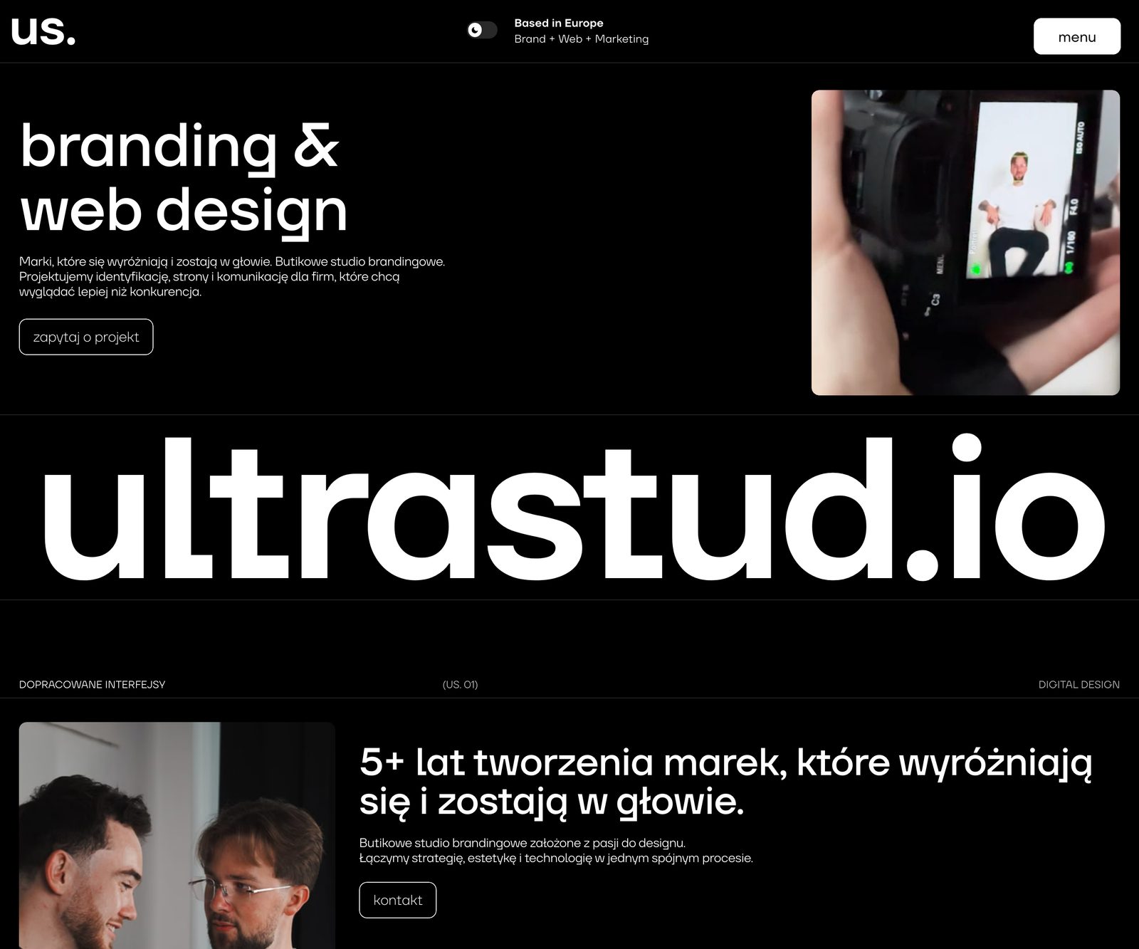 The top of ultrastud.io live: the branding & web design headline, the oversized ultrastud.io wordmark and the intro about five years of brand work.