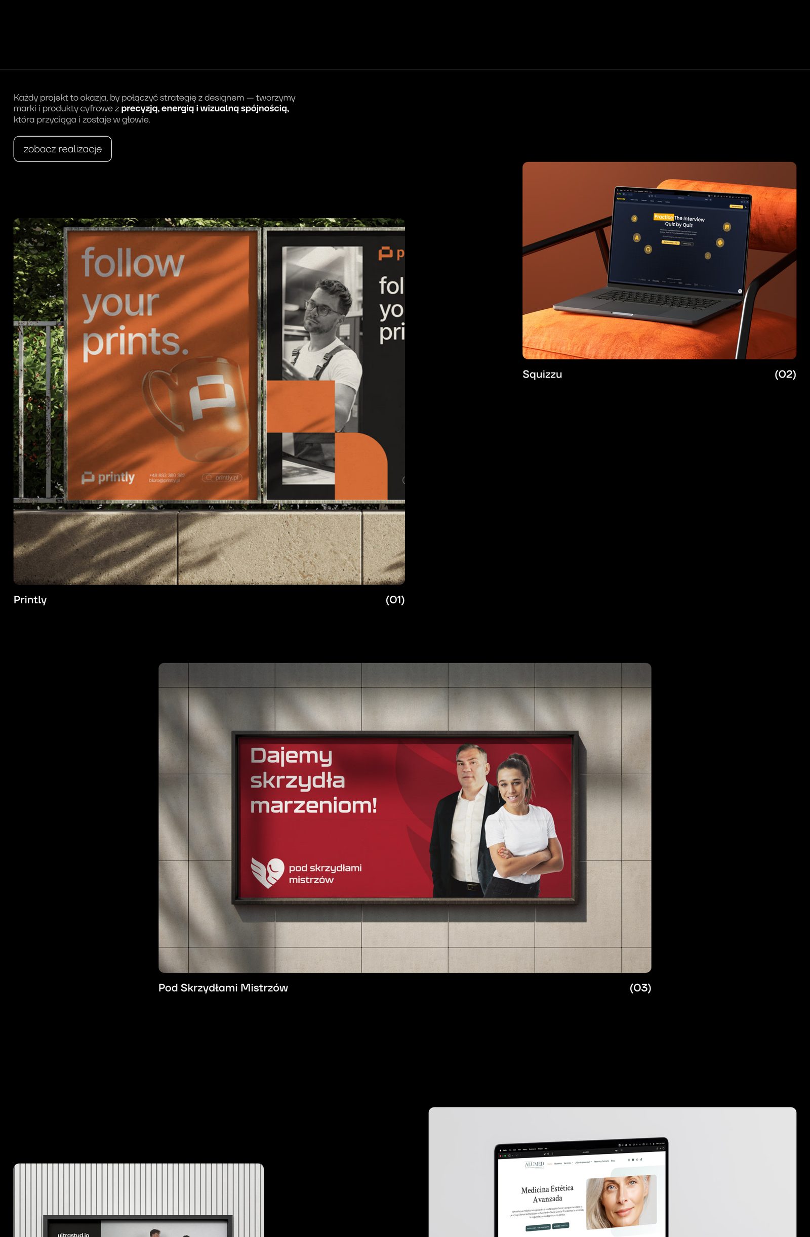 The portfolio section on ultrastud.io: Printly posters outdoors, Squizzu on a laptop and the Pod Skrzydłami Mistrzów billboard.