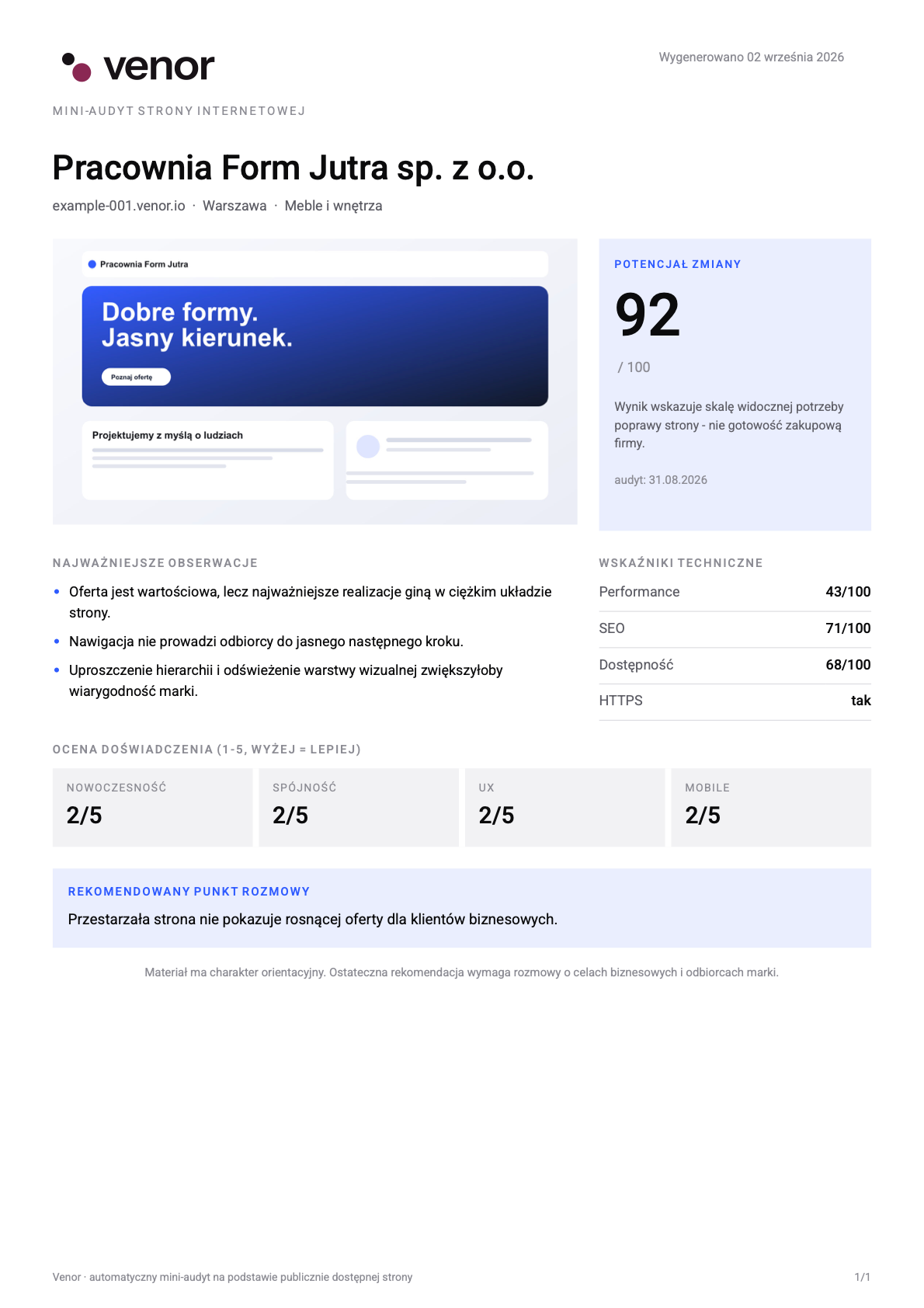A one-page mini-audit PDF generated in the browser: a site frame, a 92/100 change-potential score, observations, technical metrics, experience ratings and a recommended talking point. Demo data.