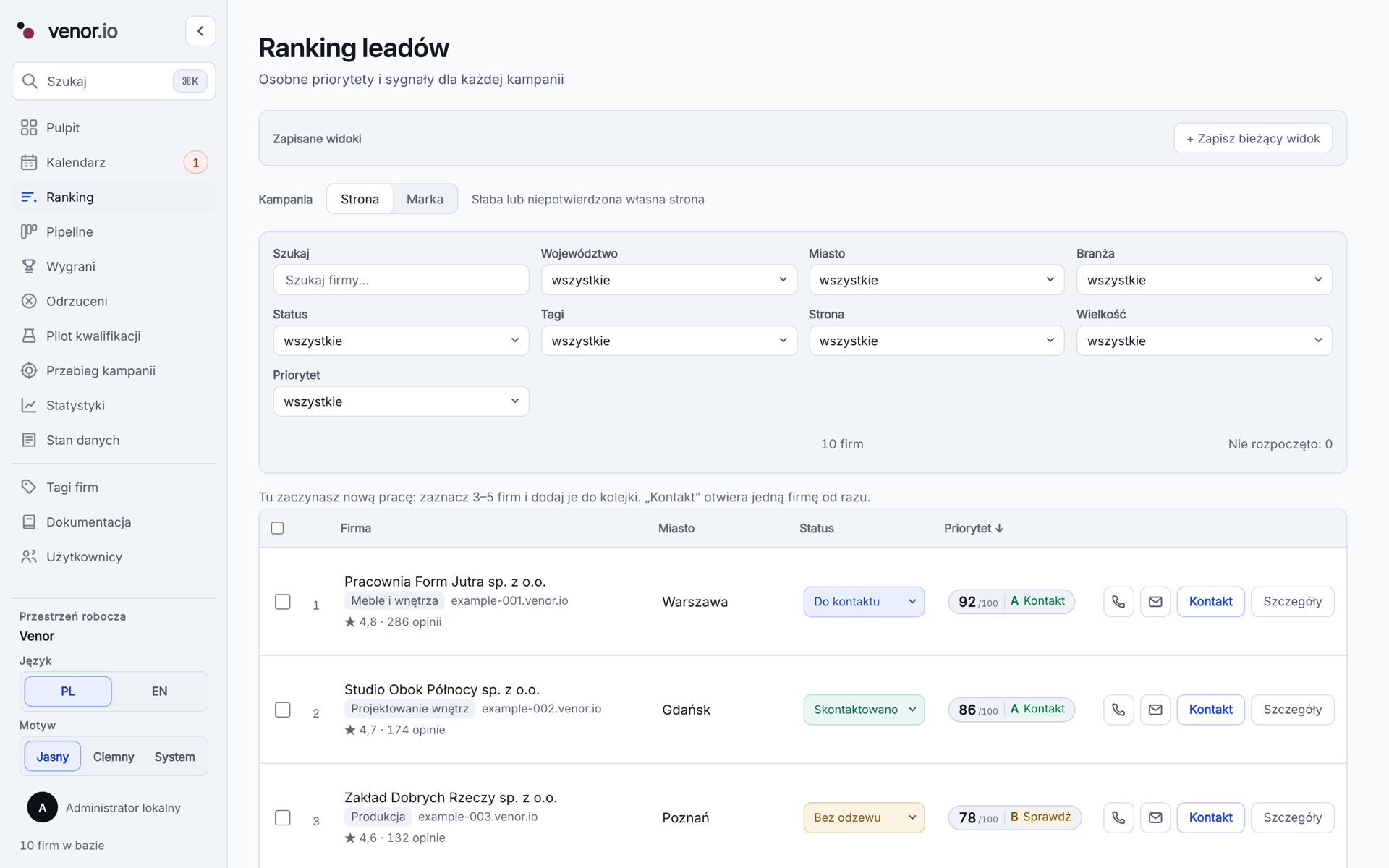 The Venor lead ranking: companies scored 92, 86 and 78 out of 100 with A/B bands and contact actions; campaign filters above. Demo data: fictional companies.